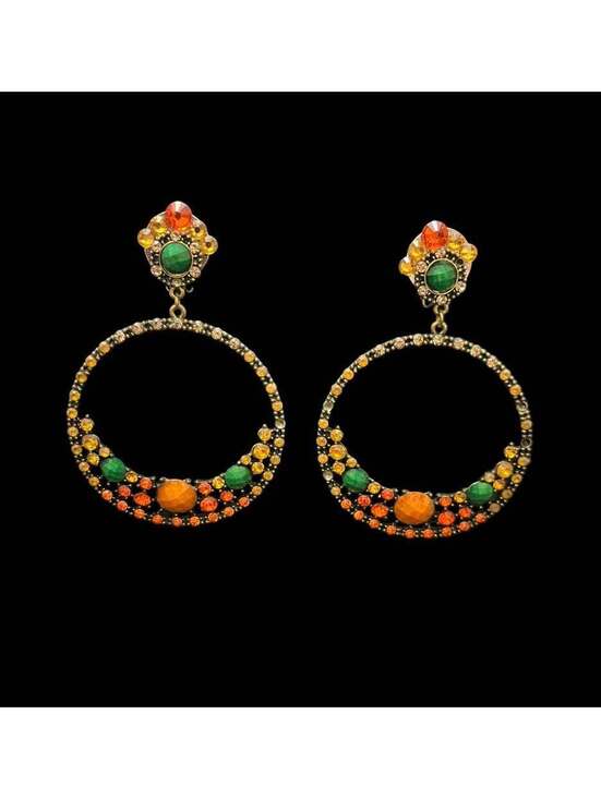 Other - Bohemian Orange and Green Crystal Clip On Hoop Earrings